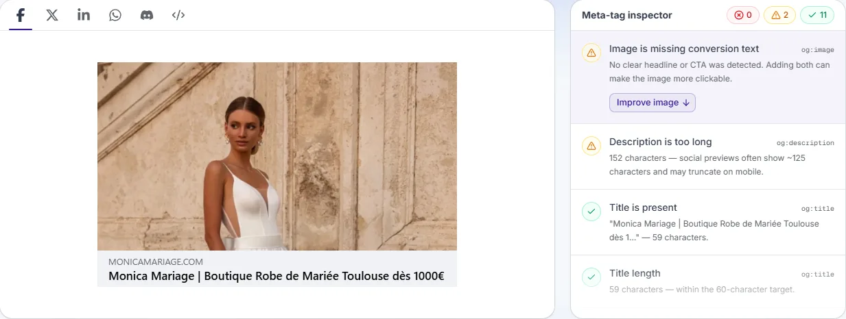 Aperçu de partage de l’accueil de Monica Mariage dans l’outil OpenGraph : photo d’une robe, titre de la boutique, et deux avertissements restants