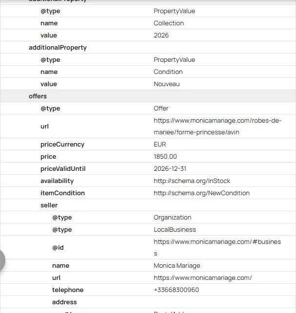 Validateur schema.org sur la fiche de la robe Avin : l’offre affiche le prix 1850.00 en euros et le téléphone complet de la boutique